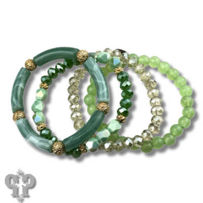 Green mixed bead bracelet stack