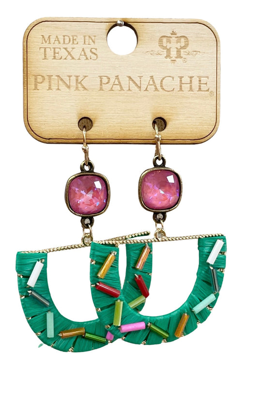 Multi-color bead and raffia fan earring, Austrian crystal, last call