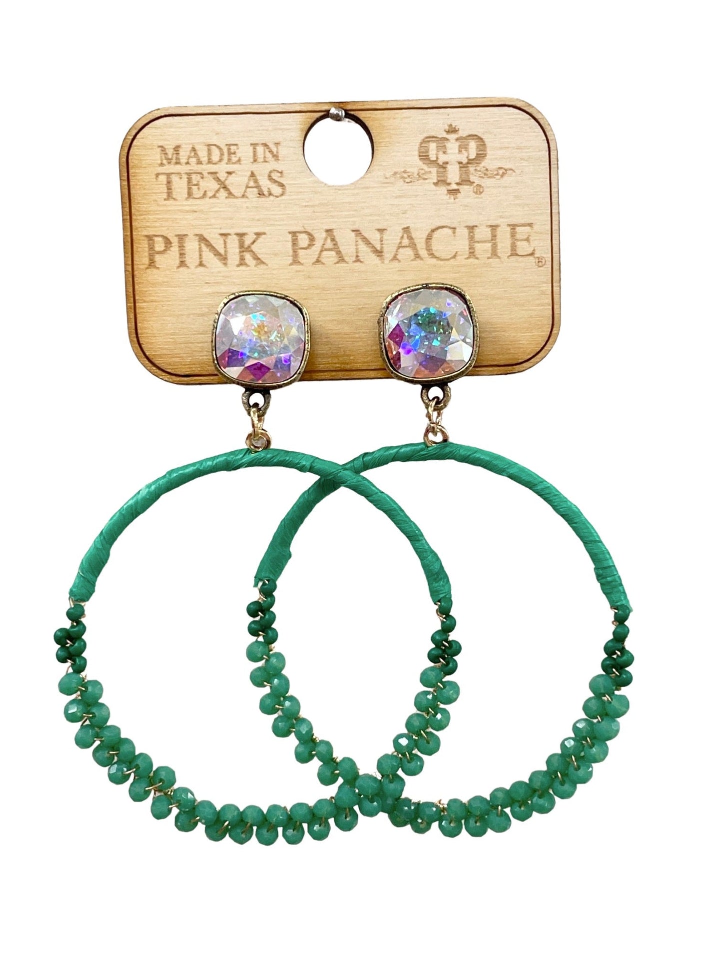 Green bead wrapped circle earring, Austrian crystal