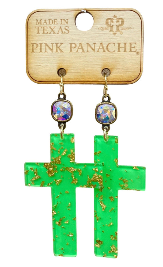 Acrylic neon green cross earring, Austrian crystal