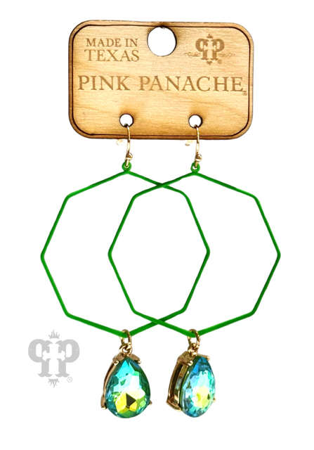 Neon octagon earring with rhinestone teardrop charm