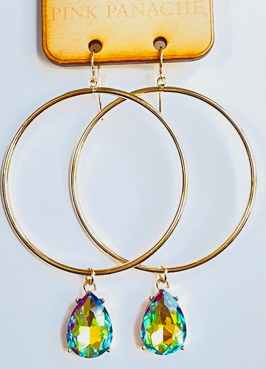 Gold circle, iridescent blue teardrop earring, last call