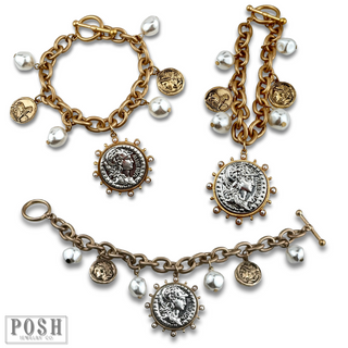 Coin and pearl bead charm bracelet