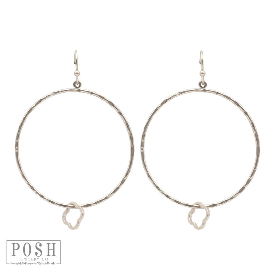 Hammered earring with floating clover charm, last call