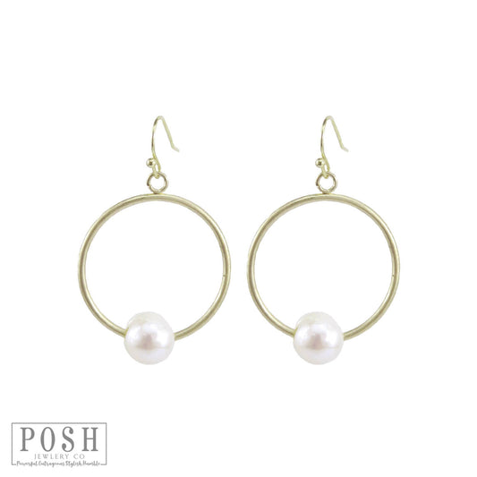 Gold circle earring with pearl charm, last call