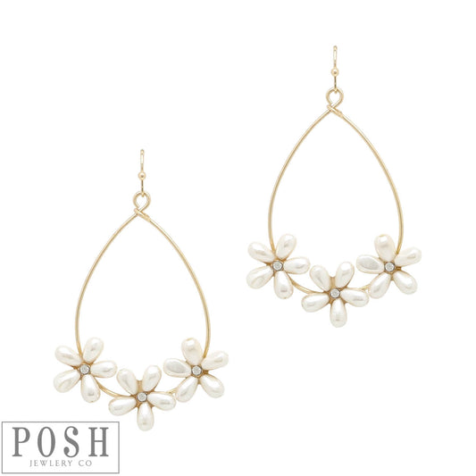 Gold teardrop earring with pearl flowers, last call