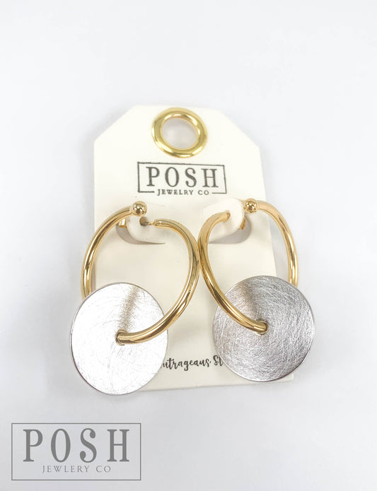 Gold hoop and silver disc earring, last call