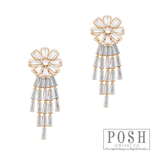 Rhinestone flower and fringe earring, last call