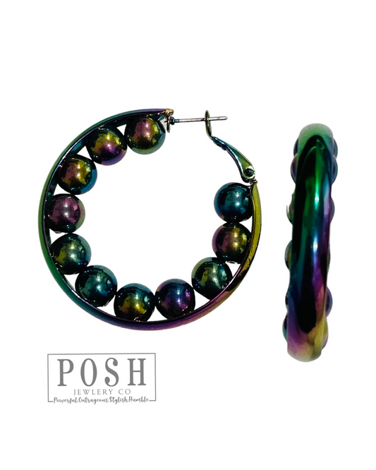 Iridescent hoop earring with beads