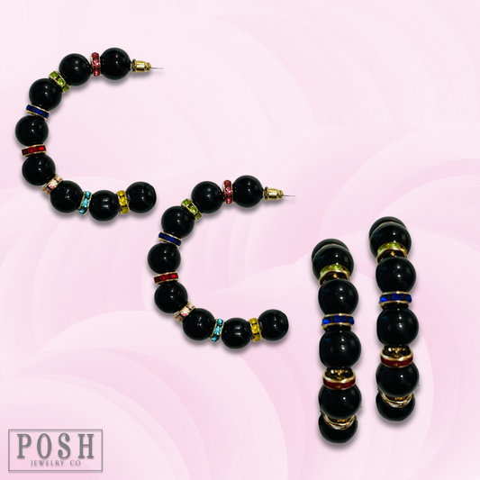 Black bead and rhinestone hoop earring, last call
