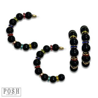 Black bead and rhinestone hoop earring, last call