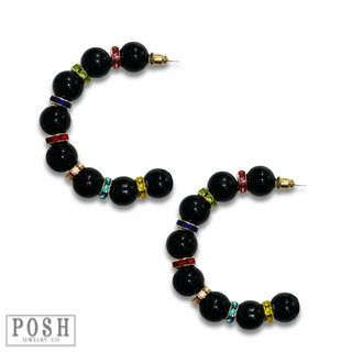 Black bead and rhinestone hoop earring, last call