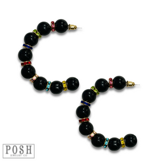 Black bead and rhinestone hoop earring