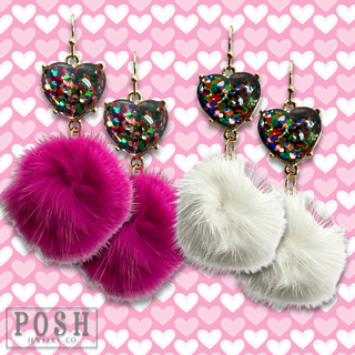 Valentine mosaic heart and puff ball earring
