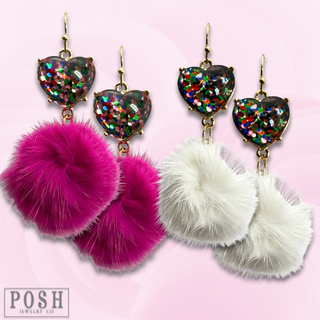Valentine mosaic heart and puff ball earring
