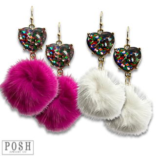 Valentine mosaic heart and puff ball earring
