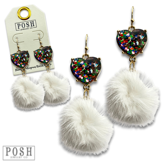 Valentine mosaic heart and puff ball earring