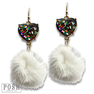 Valentine mosaic heart and puff ball earring