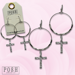 Silver and rhinestone cross earring