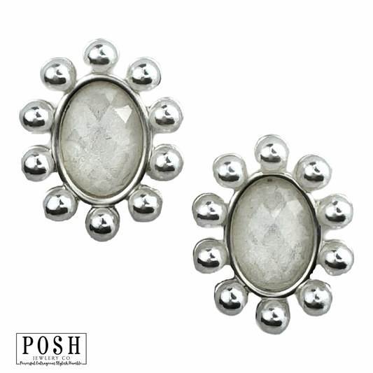 Pearl rimmed faceted oval post earring