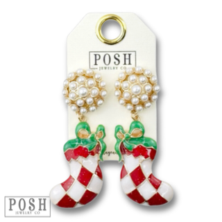 Harlequin stocking on pearl stud post earring