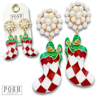 Harlequin stocking on pearl stud post earring