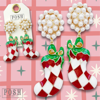 Harlequin stocking on pearl stud post earring