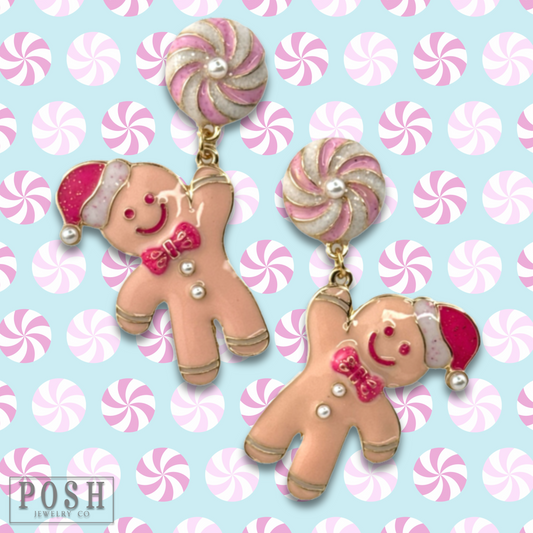 Gingerbread man on peppermint swirl post earring