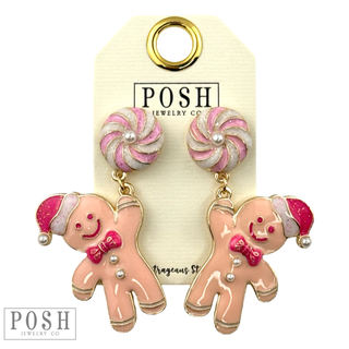 Gingerbread man on peppermint swirl post earring