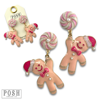 Gingerbread man on peppermint swirl post earring