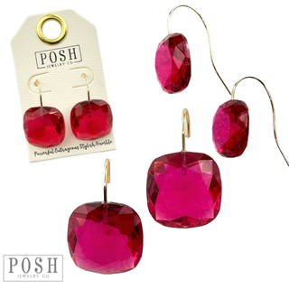 Large acrylic faceted square rhinestone on a hook earring