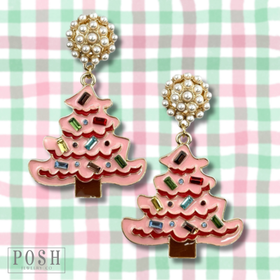 Pink enamel Christmas tree earrings