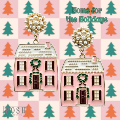 Pink enamel Christmas house earrings with pearls