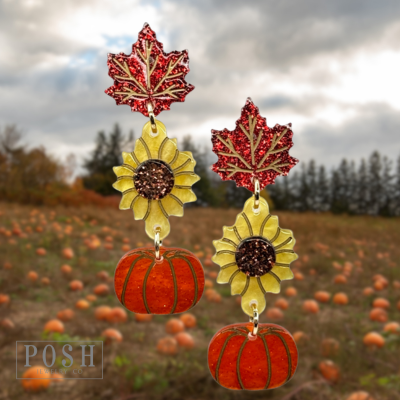Leaves, sunflowers and pumpkin acrylic earrings