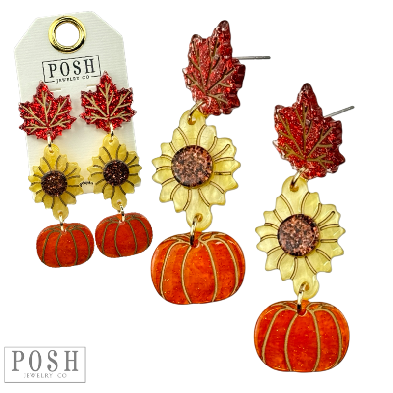 Leaves, sunflowers and pumpkin acrylic earrings