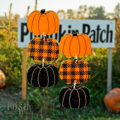 Orange, buffalo plaid and black glitter pumpkin earrings