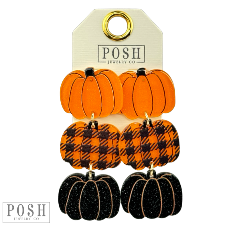 Orange, buffalo plaid and black glitter pumpkin earrings