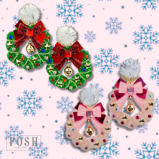 Decorated Christmas wreath with rhinestones, bows and bells