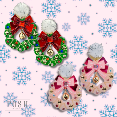 Decorated Christmas wreath with rhinestones, bows and bells