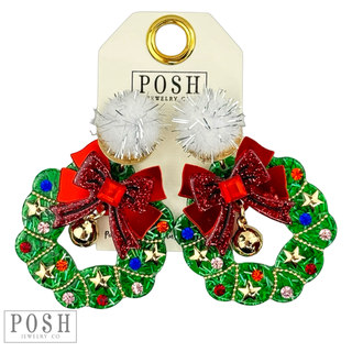 Decorated Christmas wreath with rhinestones, bows and bells