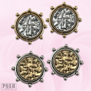Two tone cross post earring