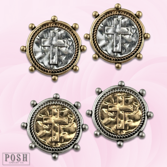Two tone cross post earring