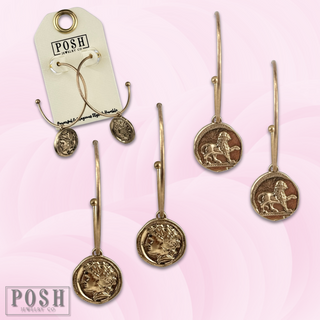 Gold coin charm hoop earring