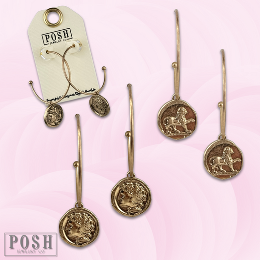 Gold coin charm hoop earring