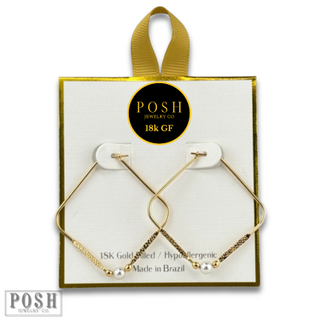Square shape and pearl bead hoop earring, 18k gold filled