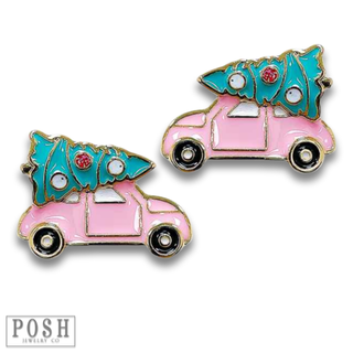 Pink car and Christmas tree earring