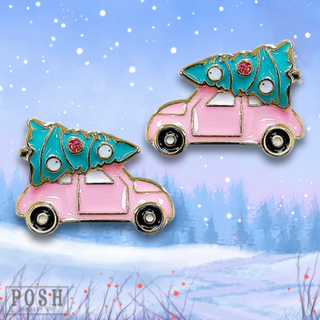 Pink car and Christmas tree earring