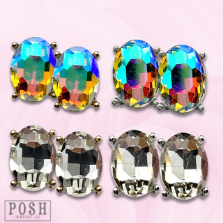 Oval rhinestone earring in metal tone setting