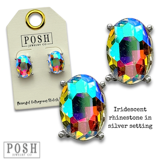 Oval rhinestone earring in metal tone setting