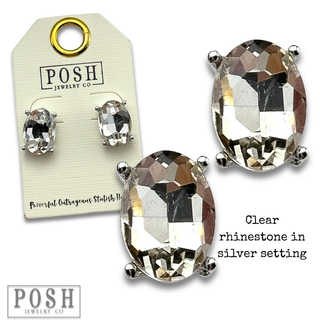 Oval rhinestone earring in metal tone setting